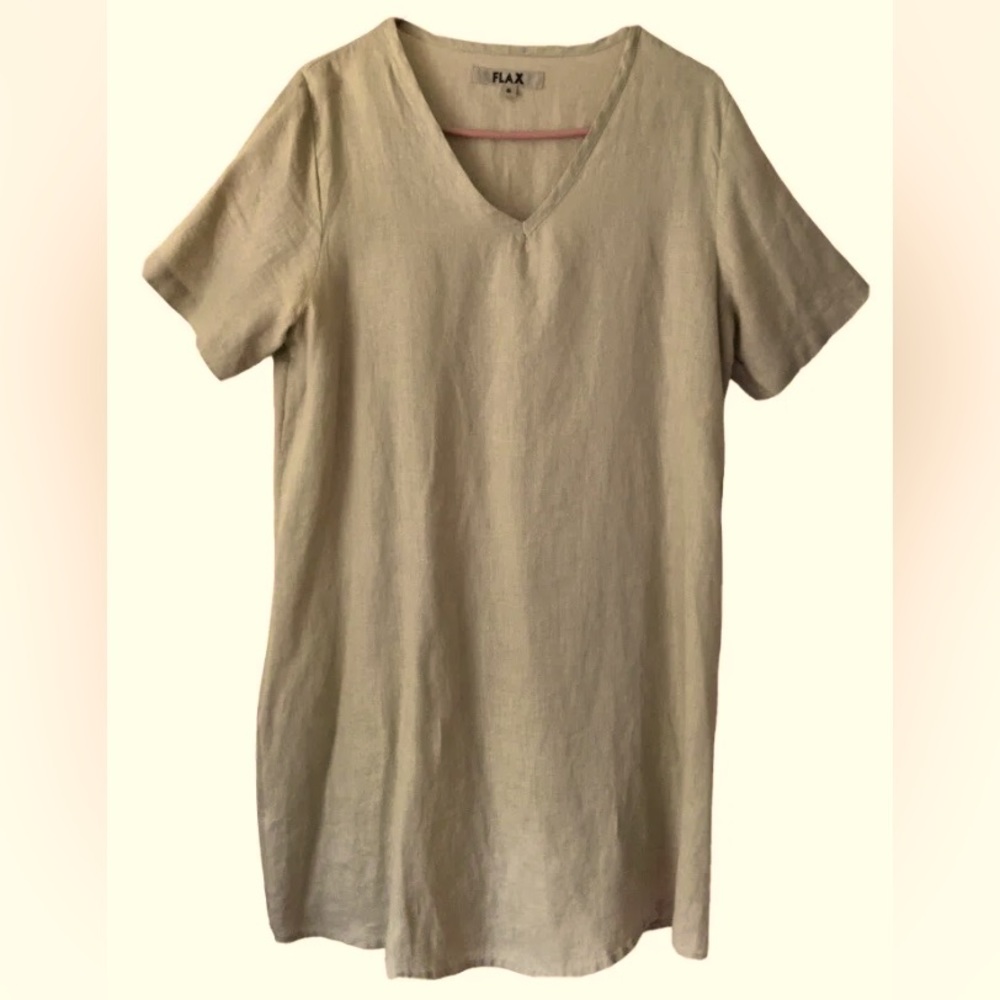 Flax Natural Beige Linen V-Neck Short Sleeve Dress